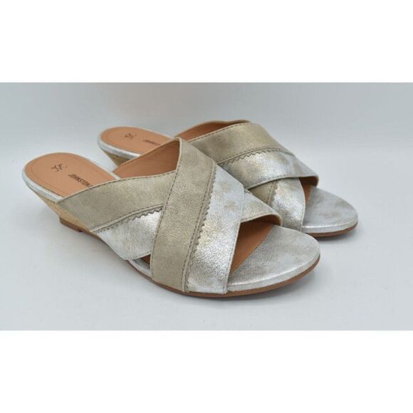 Johnston & Murphy Womens Size 8 Marlena Cross Strap Silver Gold Slip On Sandals